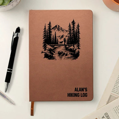Personalized Leather Journal with Mountain Forest Art, Creative Hiking Gift for Hikers and Outdoor Travelers