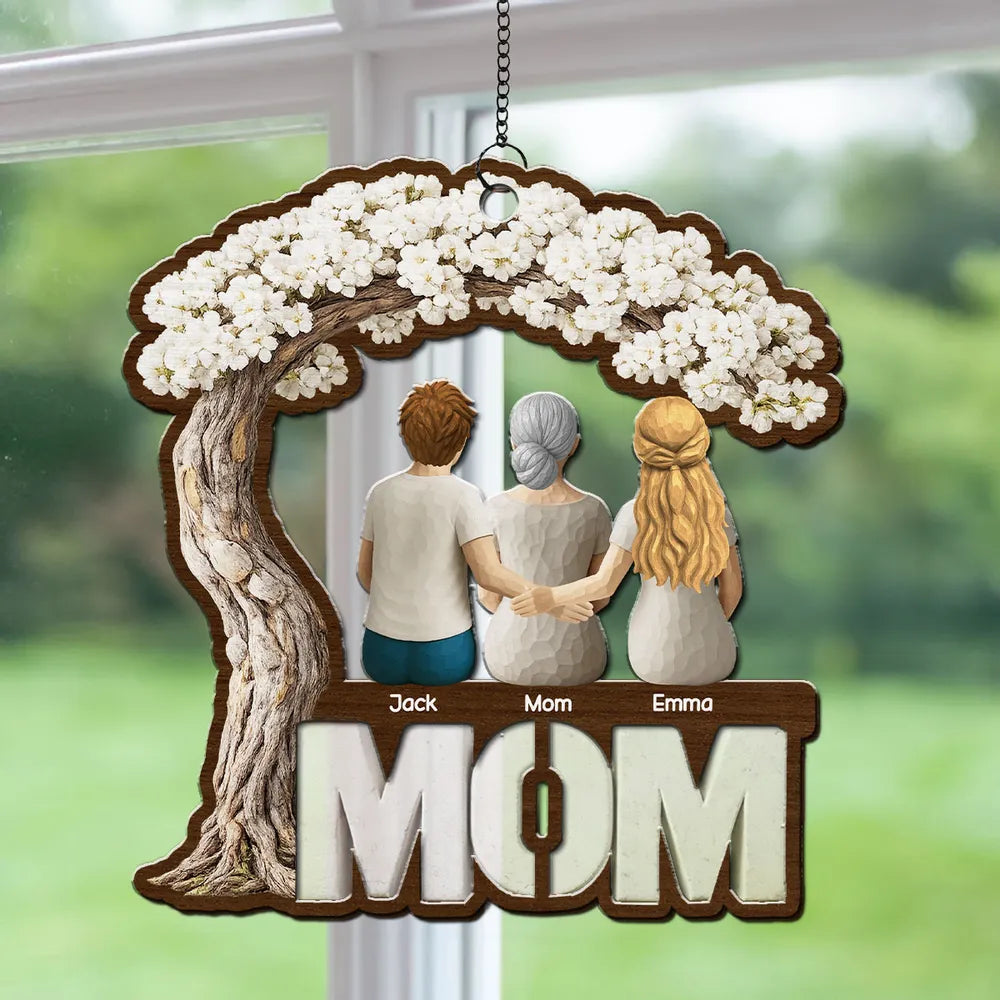 Personalized Wood and Acrylic Layered Ornament for Mom, Back View Family Under Blossom Tree, Unique Gift for Her