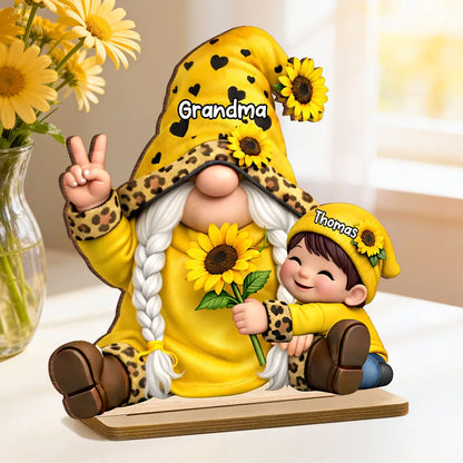 Personalized 2-Layer Wooden Plaque Grandma & Grandkids Gnome With Sunflowers for Living Room Display - Unique Gift for Grandma