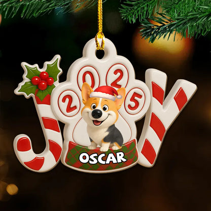 Acrylic Ornament JOY Paw Print with Cute Dog - Christmas Decor, Heartwarming Keepsake, Unique Gift for Pet Owners