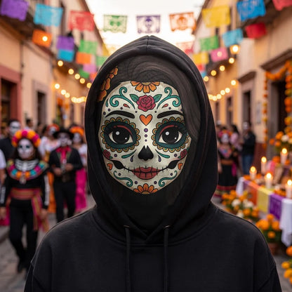 Personalized Mesh Print Balaclava Hat, Smiling Floral Sugar Skull, Creative Mexican Day of the Dead Gift for Him