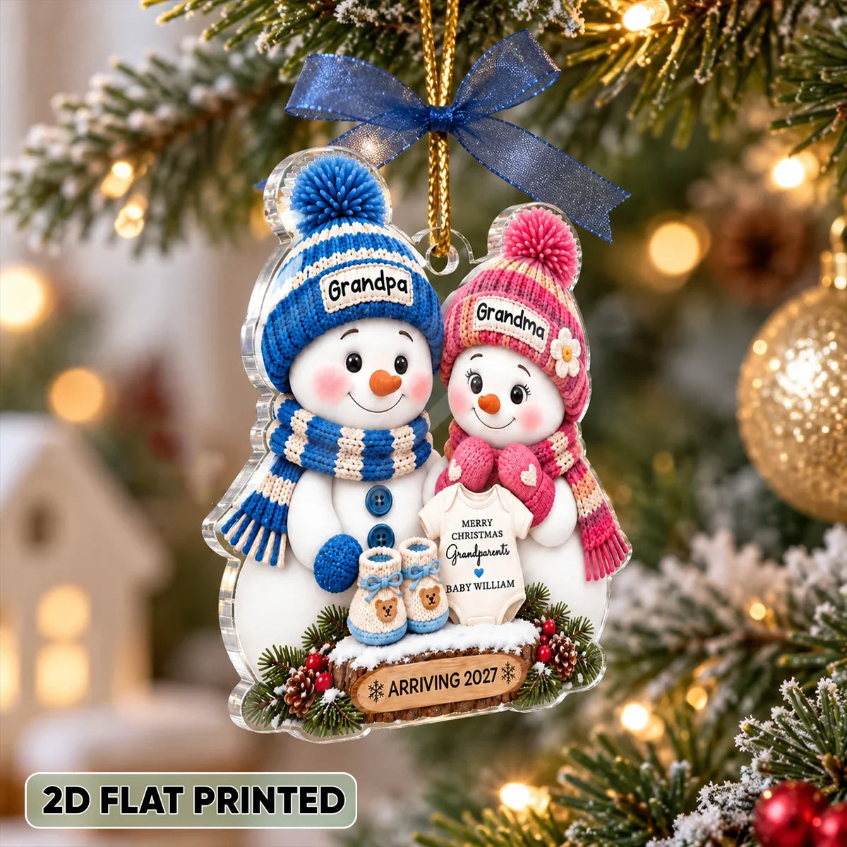 Personalized Acrylic Ornament, Cute Blue & Pink Snowman Grandparents with Baby Onesie, Unique Gift for Grandma & Grandpa