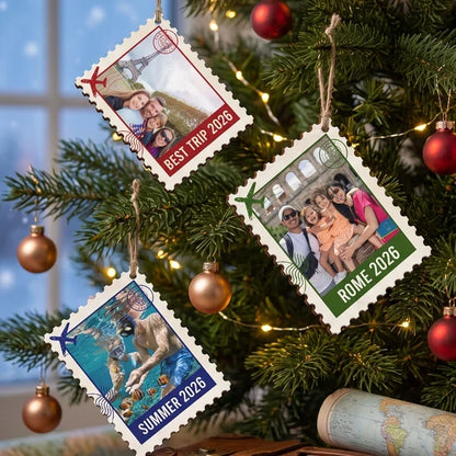Personalized Wooden Ornament, Postage Stamp Family Travel Photo, Unique Christmas Gift for Family