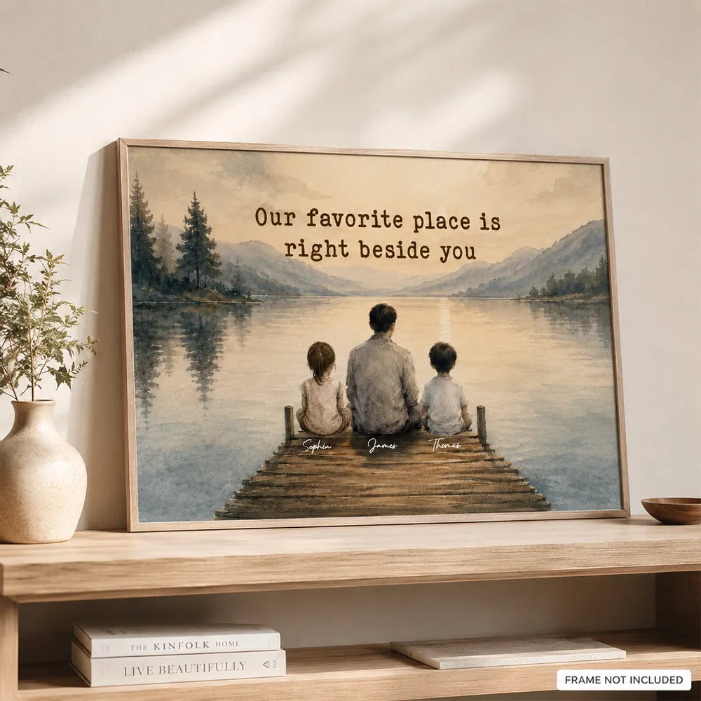 Our Favorite Place Poster, Personalized Dad & Kids Lake Scene, Creative Family Gift