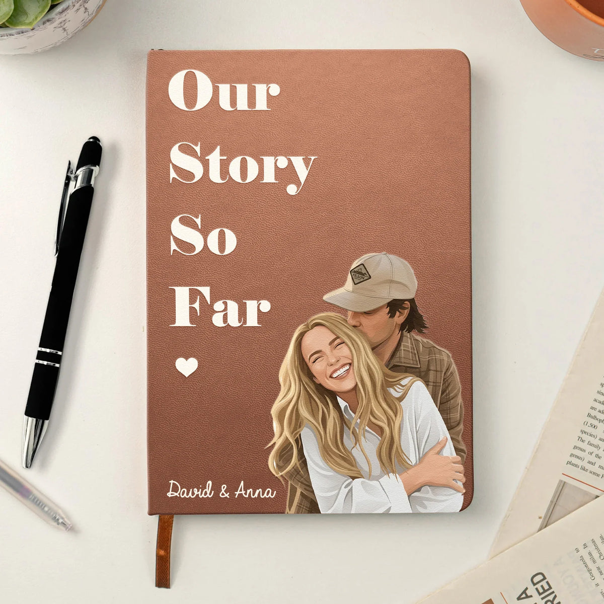 Personalized Leather Journal With Kissing Couple Portrait, Our Story So Far Unique Gift For A Couple