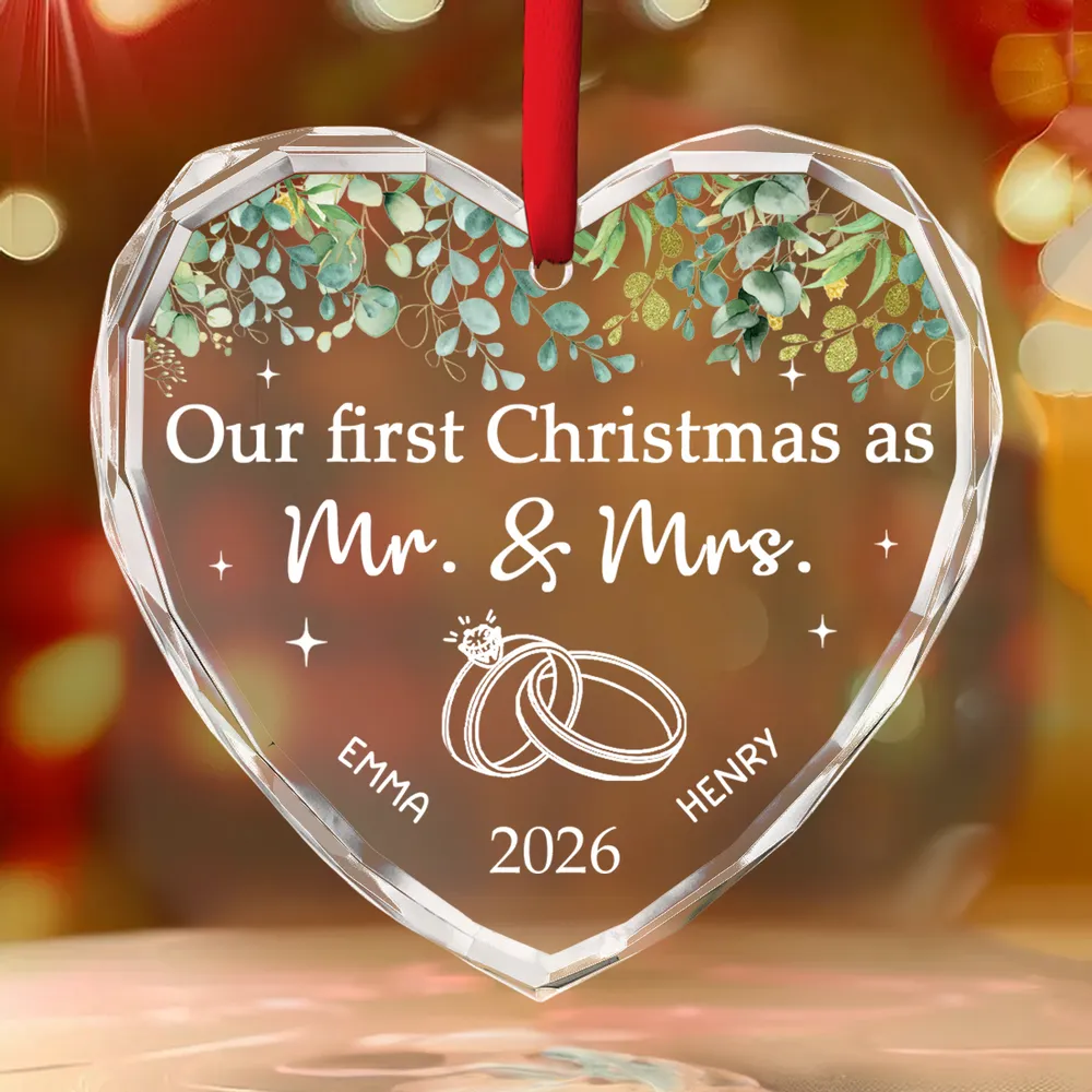 Personalized Crystal Heart Ornament with Wedding Rings and Greenery, Unique Wedding Gift for Newlyweds