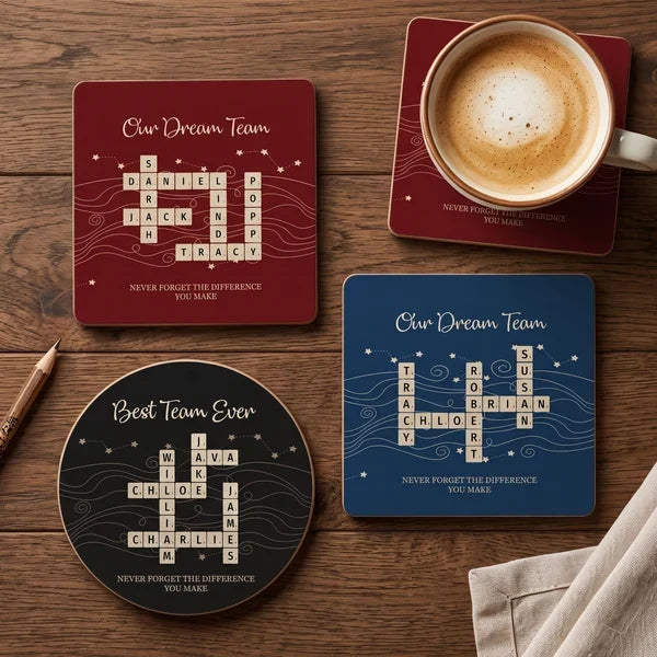 Personalized Round Ceramic Coaster with Team Crossword Design, Unique Coworker Gift for Office Desks