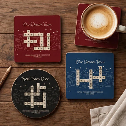 Personalized Round Ceramic Coaster with Team Crossword Design, Unique Coworker Gift for Office Desks