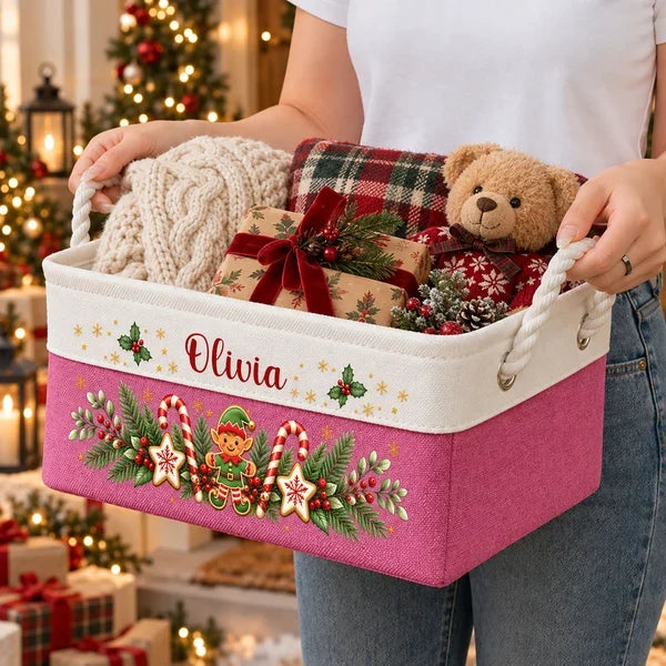 Personalized Cotton Linen Rope Basket, Gingerbread Storage by the Christmas Tree, Unique Family Gift