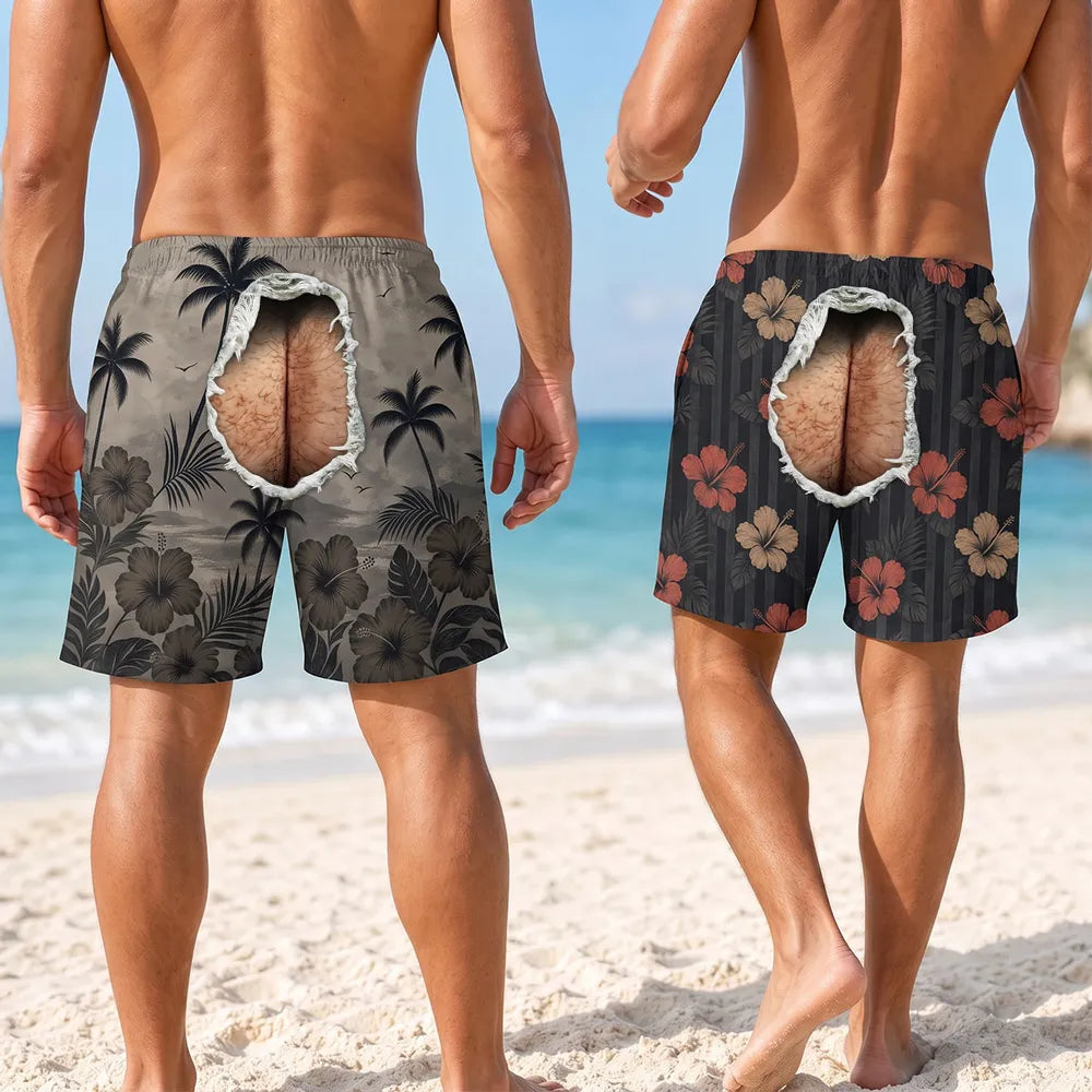 Men's Beach Shorts with Custom Tropical Butt Crack Design, Creative Gift for Guys & Matching Friends