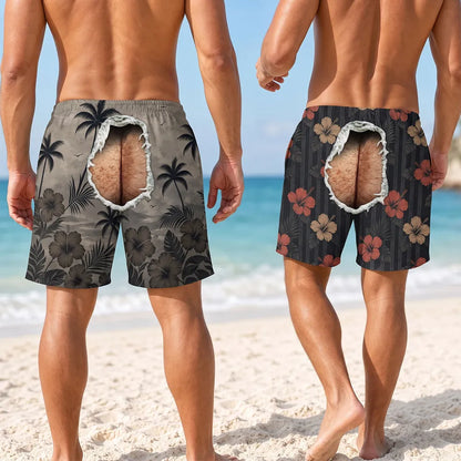 Men's Beach Shorts with Custom Tropical Butt Crack Design, Creative Gift for Guys & Matching Friends