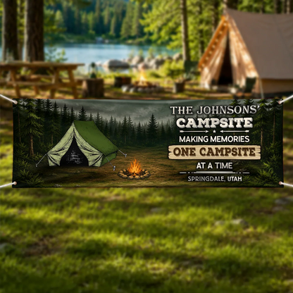 Personalized Vinyl Banner with Vintage Camper and Campfire, Unique Campsite Gift for Camping Families