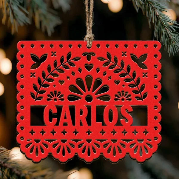 Personalized Wooden Ornament, Bright Papel Picado Art for Christmas Trees, Creative Keepsake Gift for Mom or Dad