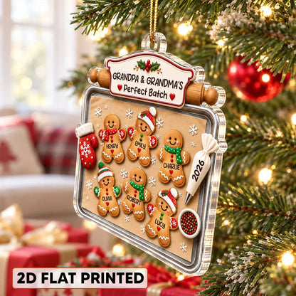 Personalized Acrylic Ornament, Gingerbread Grandkids on a Baking Tray, Red & Green Unique Christmas Gift for Grandparents