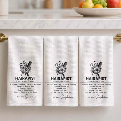 Hairapist Personalized Kitchen Towel, Monochrome Salon Art, Creative Appreciation Gift for Hair Stylist