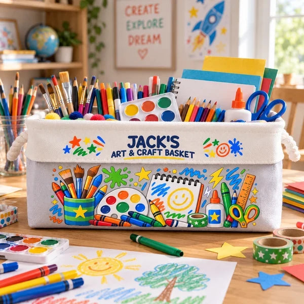 Personalized Cotton Linen Rope Basket with Art Doodles, Child Holding Craft Supplies, Creative Gift for Kids