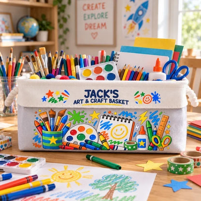 Personalized Cotton Linen Rope Basket with Art Doodles, Child Holding Craft Supplies, Creative Gift for Kids