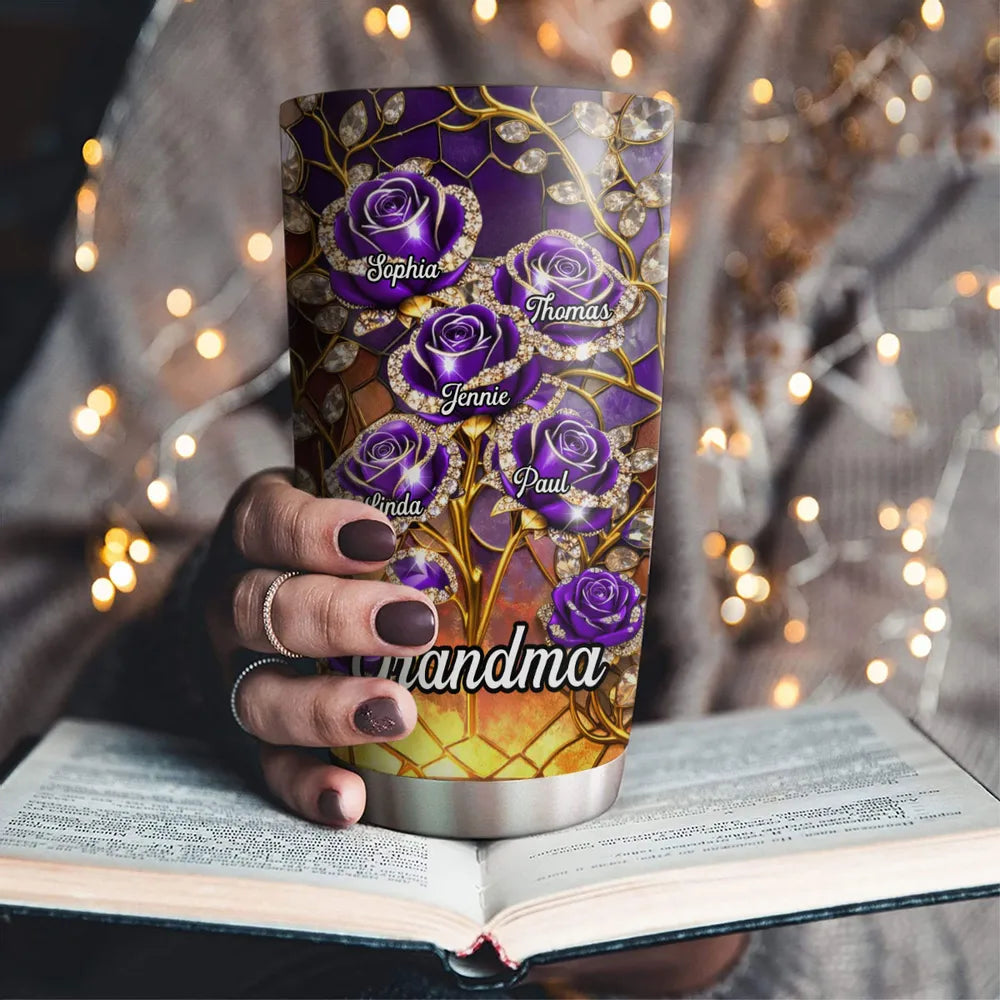 Personalized Grandma Insulated Travel Tumbler, Purple Rose Stained-Glass Style, Unique Gift for Mom or Grandma
