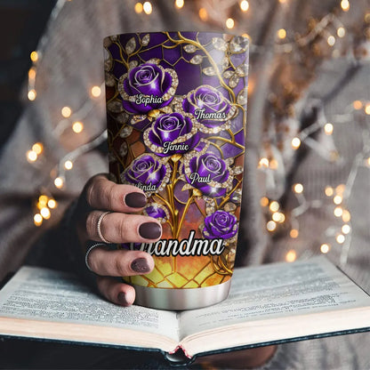 Personalized Grandma Insulated Travel Tumbler, Purple Rose Stained-Glass Style, Unique Gift for Mom or Grandma