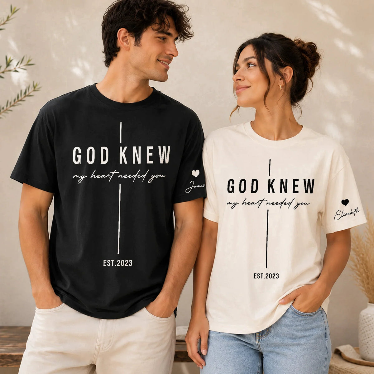 Dual Print Classic Tee with God Knew My Heart Quote for Married Couple at Sunset, Creative Gift
