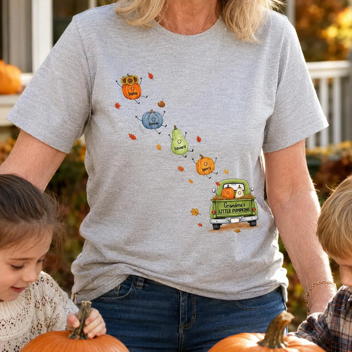 Personalized Classic Tee with Grandma's Little Pumpkins, Fall Pumpkin Unique Gift for Grandma