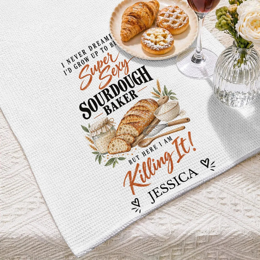 Personalized Sourdough Baker Kitchen Towel with Bread Artwork and Funny Quote, Creative Gift for Home Bakers