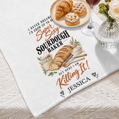 Personalized Sourdough Baker Kitchen Towel with Bread Artwork and Funny Quote, Creative Gift for Home Bakers