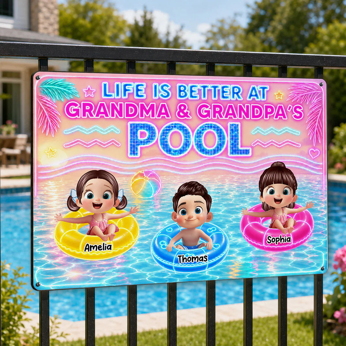 Custom Rectangular Iron Sign with Cartoon Kids in Pool, Creative Backyard Gift for Grandparents