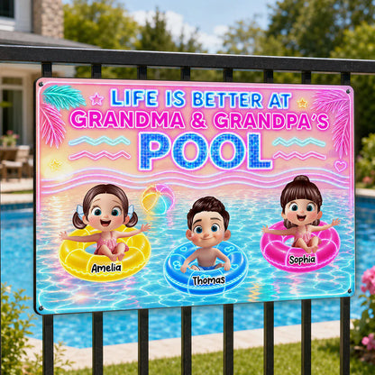 Custom Rectangular Iron Sign with Cartoon Kids in Pool, Creative Backyard Gift for Grandparents