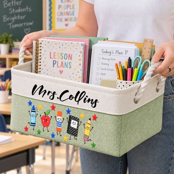 Personalized Cotton Linen Rope Basket, Cheerful School Supply Art for Classroom Organization, Unique Teacher Gift