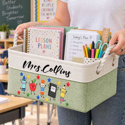 Personalized Cotton Linen Rope Basket, Cheerful School Supply Art for Classroom Organization, Unique Teacher Gift
