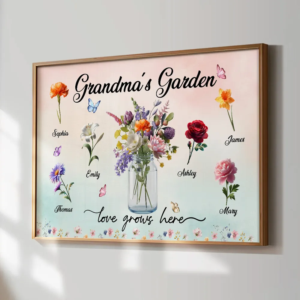Personalized Grandma's Garden Flower Jar Poster, Custom Family Names Wall Art, Unique Gift for Grandma