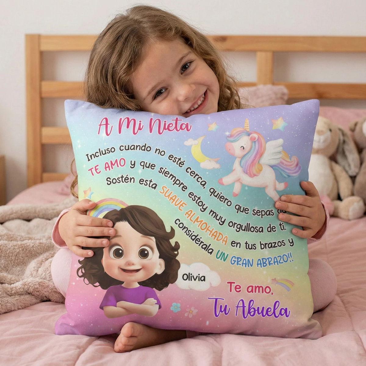 Cojín Cuadrado Personalizado con Unicornio y Arcoíris – Un Regalo Lleno de Amor para Mi Nieta