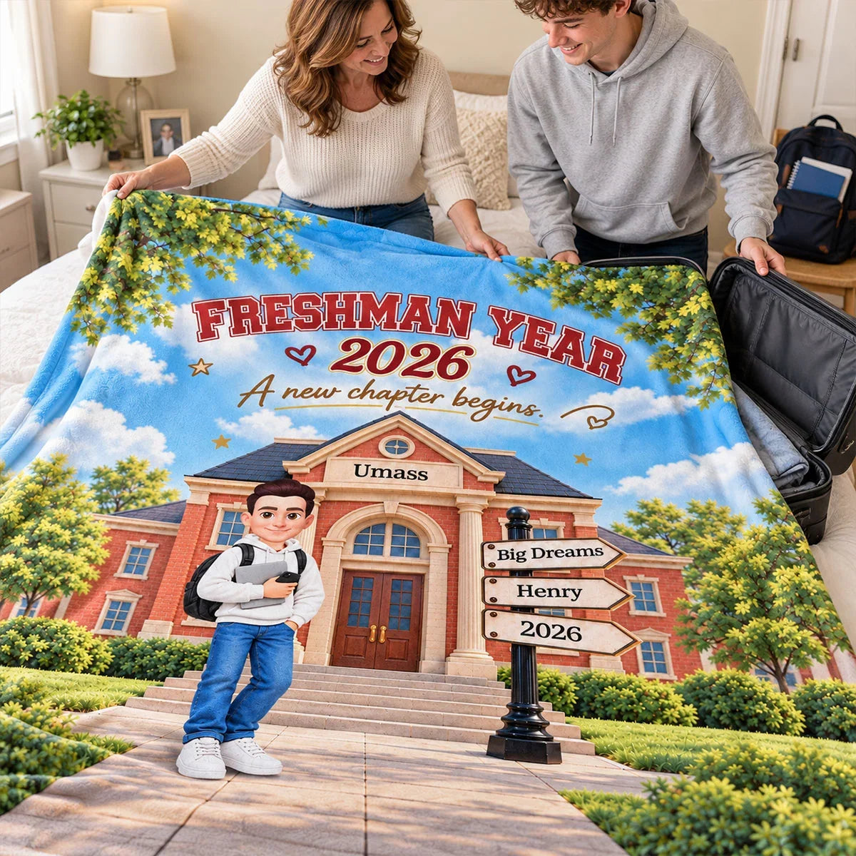 Personalized Fleece Blanket, Student Holding Books on a Sunny Campus, Unique College Gift