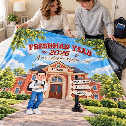 Personalized Fleece Blanket, Student Holding Books on a Sunny Campus, Unique College Gift