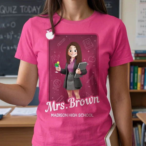 Personalized Printed Classic Tee, Cartoon Teacher Holding Books in Classroom, Unique Gift for Educators