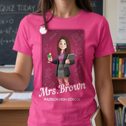 Personalized Printed Classic Tee, Cartoon Teacher Holding Books in Classroom, Unique Gift for Educators