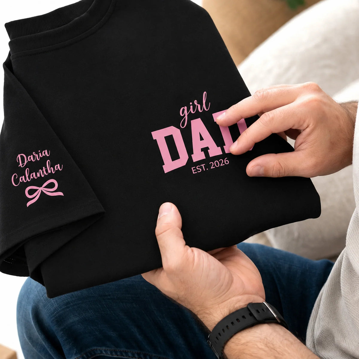 Personalized Girl Dad Dual Print Classic Tee, Pink Bow Design, Crossed Arms Look, Unique Creative Gift for Dad