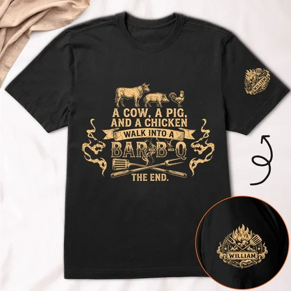 Personalized Dual Print Classic Tee, Vintage Bar-B-Q Joke for Outdoor Cookouts, Unique Gift for Dad