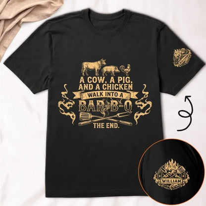 Personalized Dual Print Classic Tee, Vintage Bar-B-Q Joke for Outdoor Cookouts, Unique Gift for Dad