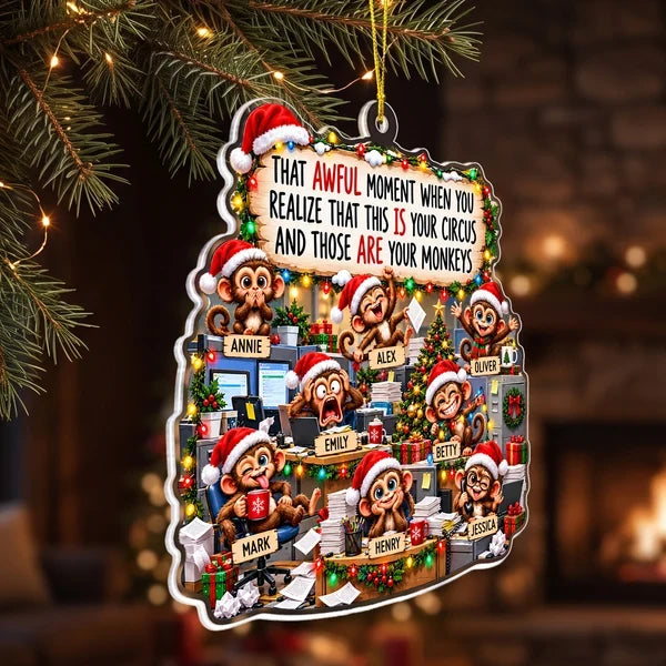 Personalized Acrylic Ornament, Chaotic Monkeys in a Festive Office, Unique Christmas Gift for Coworkers