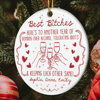 Ceramic Ornament Funny BFF Cheers Line Art in Red, Christmas Tree Decor, clinking glasses, unique gift for Best Friends