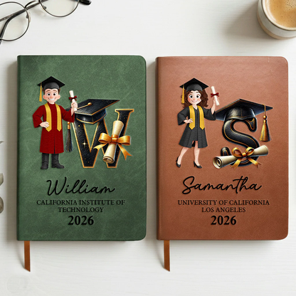 Personalized Graduation Cartoon Leather Journal With Initial, Cap & Diploma, Unique Gift For the Grad