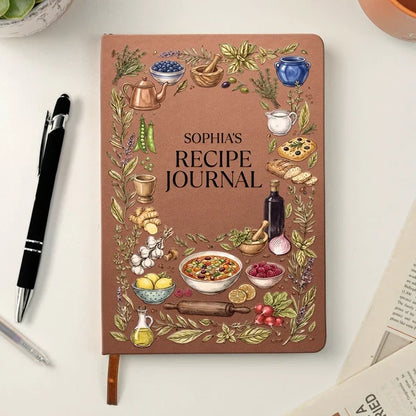 Personalized Leather Journal, Family Recipe Keepsake with Botanical Food Art, Creative Gift for Home Cooks