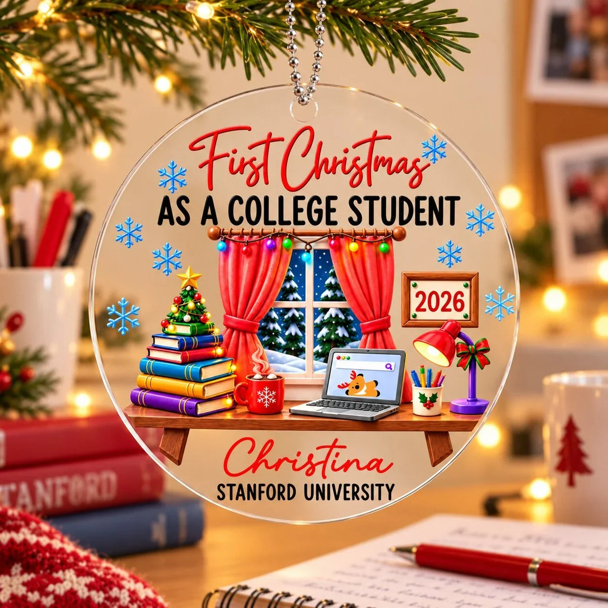 Personalized First Christmas as a College Student Acrylic Ornament, Colorful Study Nook Keepsake, Creative Gift for Students