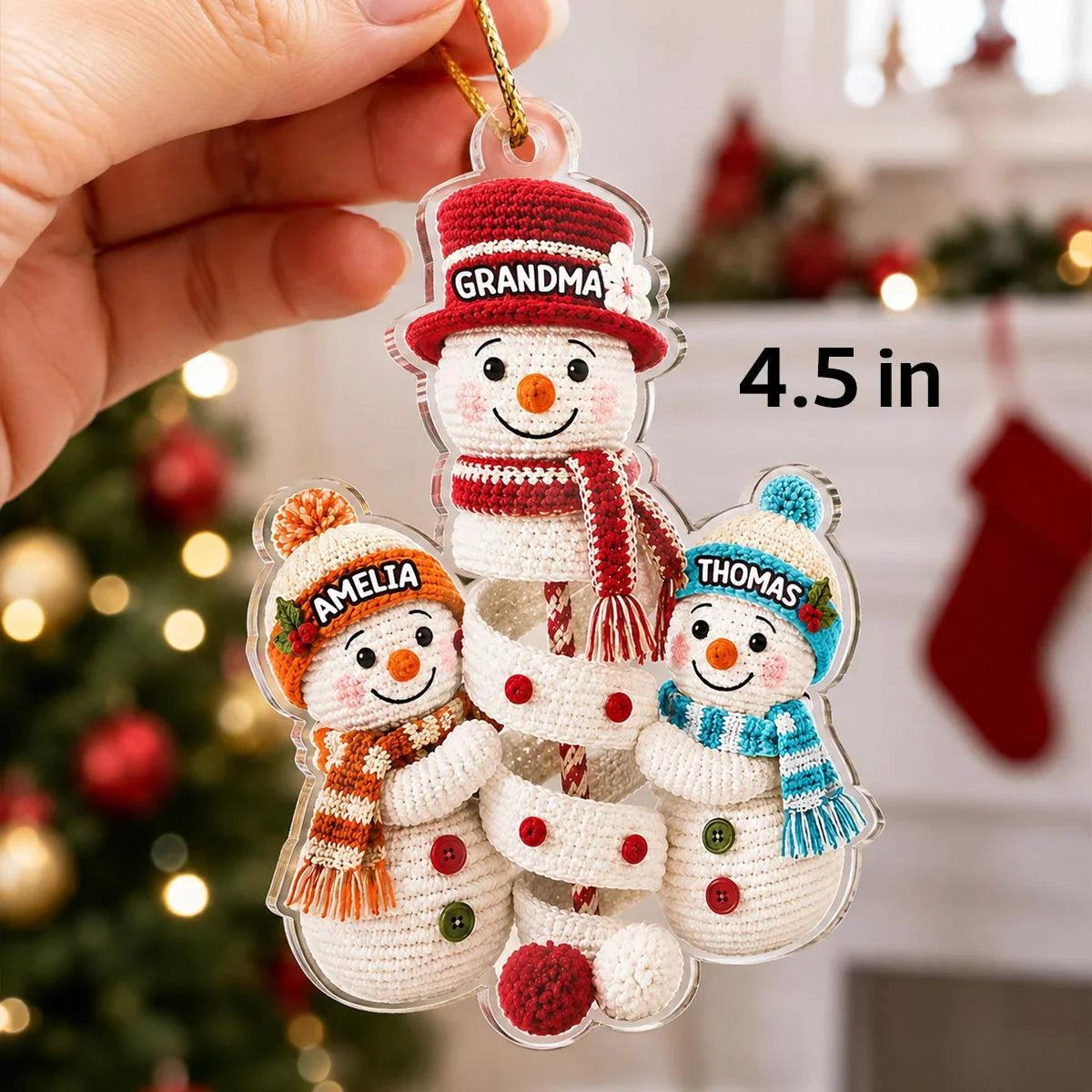Personalized Acrylic Ornament, Crochet-Style Grandma and Grandkids Building a Snowman, Unique Christmas Gift