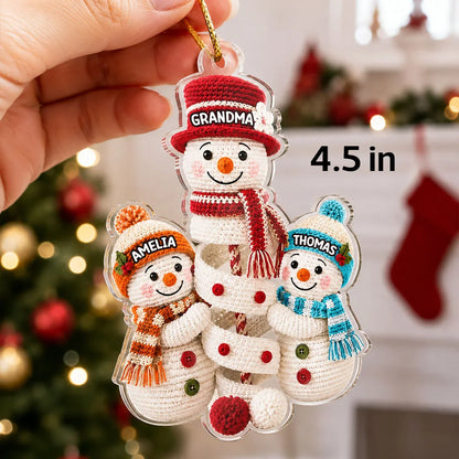 Personalized Acrylic Ornament, Crochet-Style Grandma and Grandkids Building a Snowman, Unique Christmas Gift