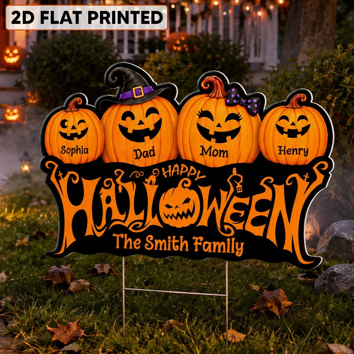 Personalized Shaped Yard Sign with Smiling Jack-O-Lantern Family, Front Yard Halloween Decor, Unique Family Gift