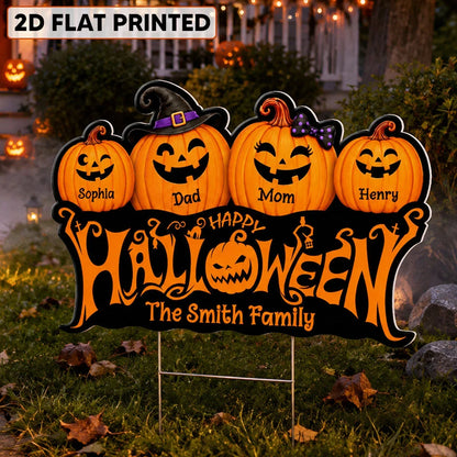 Personalized Shaped Yard Sign with Smiling Jack-O-Lantern Family, Front Yard Halloween Decor, Unique Family Gift