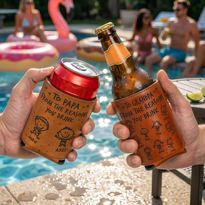 Personalized Leather Can Cooler for Dad, Smiling Kid Doodles, Unique Gift From His Little Crew